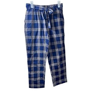 Umgee Navy/Tan Plaid cotton pants elastic waist tie belt size medium